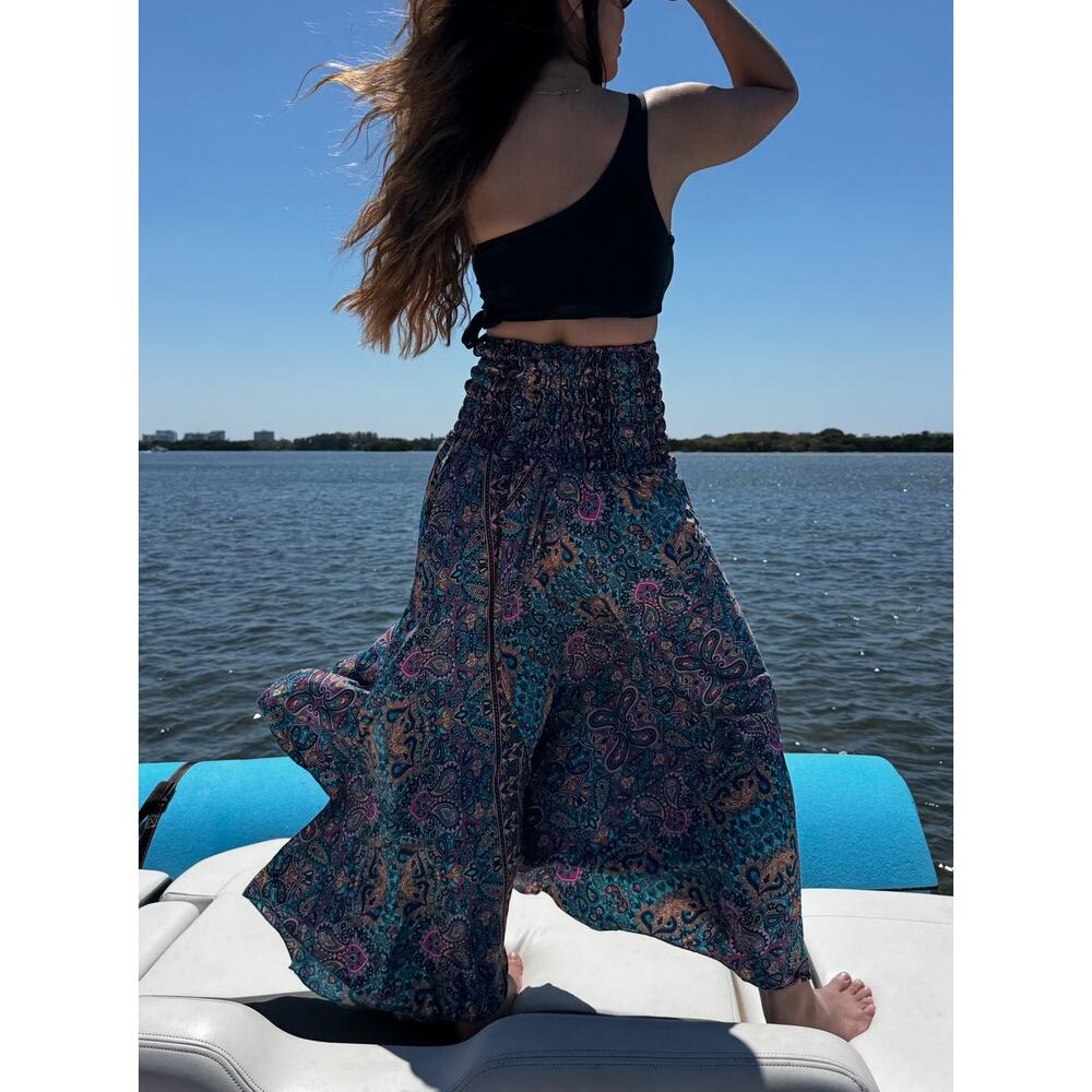 Maxi Pants Wide Leg High Waisted blue leaves blue w pink - Picture 2 of 3